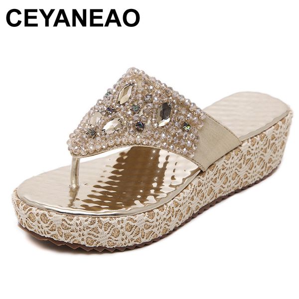 

ceyaneao fashion 2019 summer wedge shoes women's slippers rhinestone brand beach flip flops ladies sweet gold wedge heels, Black