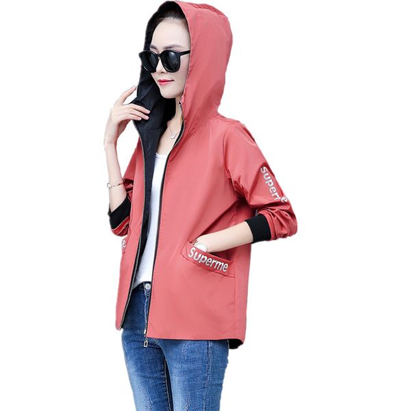 

новая весна осень корейской моды женщин куртки бомбардировщик куртка женщин с капюшоном двустороннее одежда верхняя одежда пальто плюс разме, Black;brown