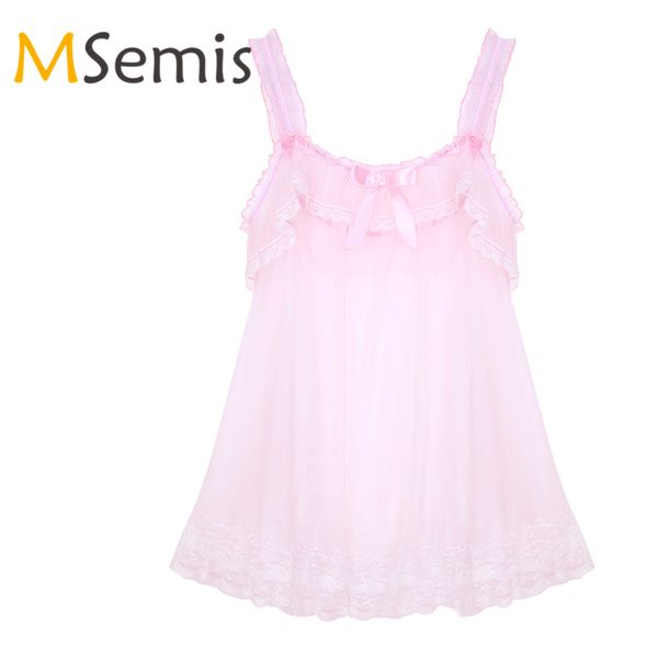 Sexy Lingerie Erkek Sissy Sheer Sheer Elbise Babydoll Femme Elastik Omuz Askıları Frilly Ruffled Dantel Hem Yumuşak Tül Elbise Y19070402