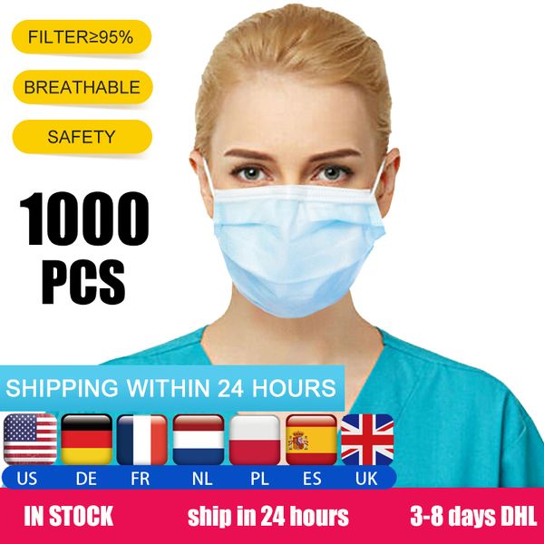 

ship in 24 hours, 1000 pcs 3 layer disposable face masks 3 ply safety protective mask anti dust pm2.5 air pollution non-woven dhl