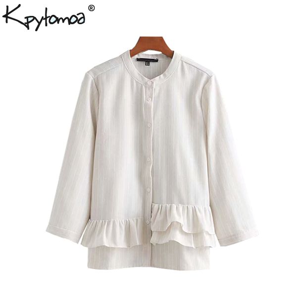

vintage stylish striped ruffles women blouses 2019 fashion o neck long sleeve ladies shirts casual blusas mujer, White