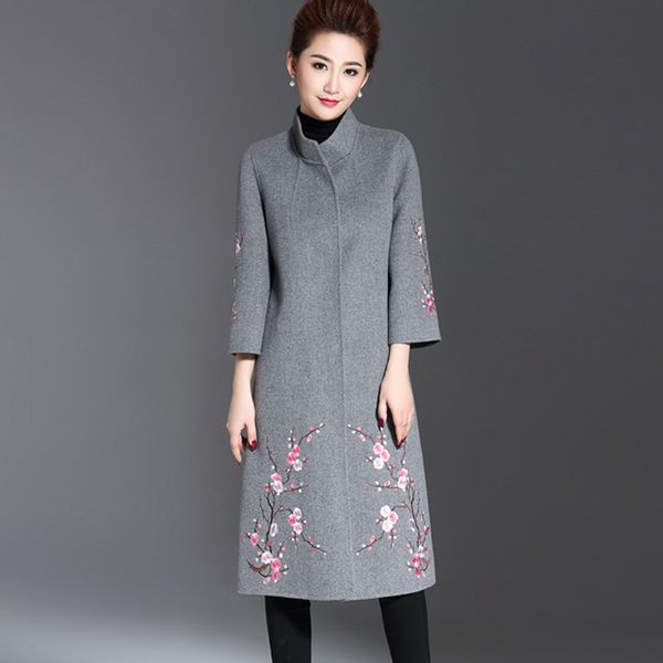 

2019 winter new female embroidery wool coat women's large size national style long jacquard woolen coat gray wine red dark blue y190926, Black