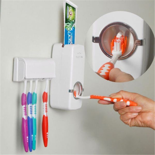 

white auto automatic toothpaste dispenser+5 toothbrush holder set wall mount stand convenient auto toothpaste squeezers