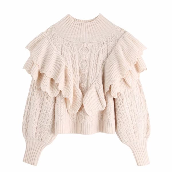 

2020 new women cascading ruffles turtleneck collar knitting sweater female casual pullover spring chic brand leisure s249, White;black