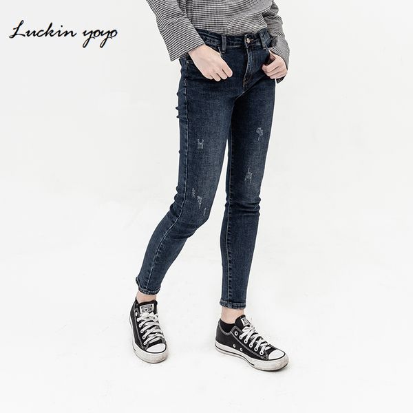 

luckin yoyo women's jeans high waist vintage torn jeans for women casual skinny pencil pants button ripped dark blue
