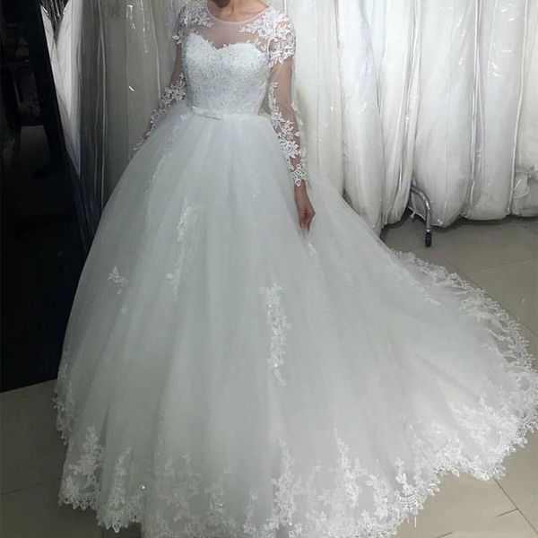 

custom arabic long sleeves lace ball gown wedding dresses jewel neck appliqued beads sash tulle sweep train wedding bridal gowns, White