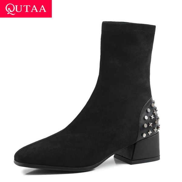 

qutaa 2020 metal decoration stretch fabrics flock autumn winter women shoes middle heel square toe slip on ankle boots size34-39, Black