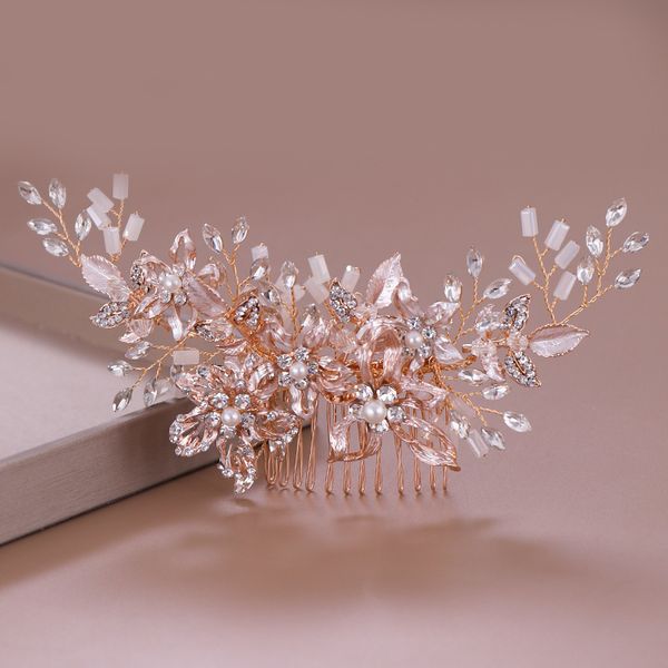 

le liin bridal rose gold crystal hair comb wedding leaf hair accessories bride jewelry, Golden;white