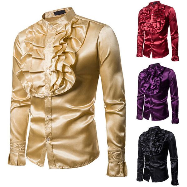 

helisopus 2020 new silk satin men shirt vintage wedding tuxedo shirt man ruffle stand collar long-sleeve slim fit gothic shirts, White;black