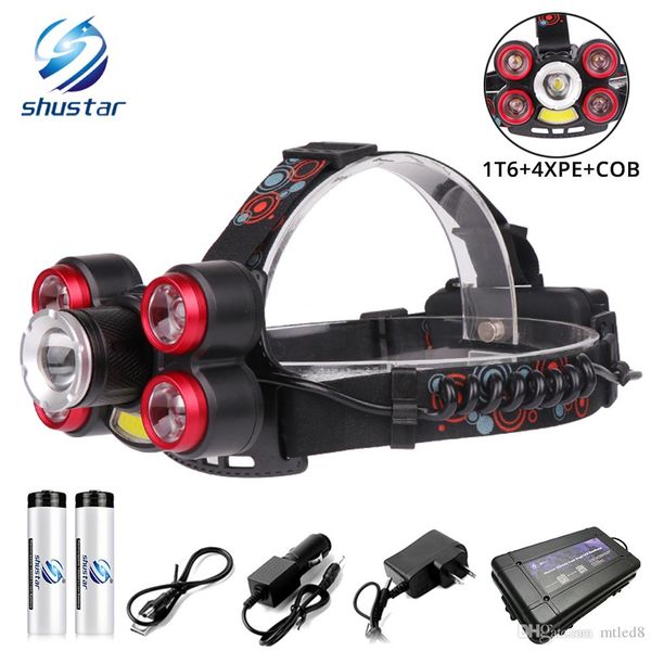 

glare led headlamp zoomable headlight 1t6+4xpe+cob led lamp bead outdoor lighting 5 switch modes use 2x18650 battery
