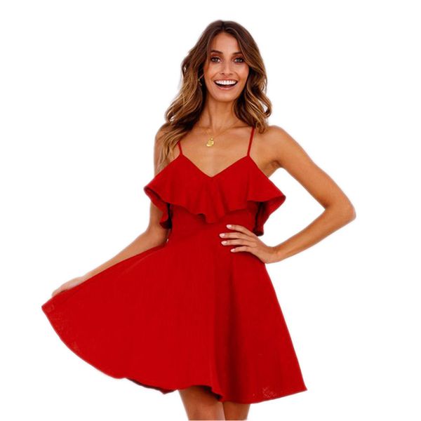 

Summer Sexy Dress Women Backless Cross Drawstring Ruffles Bundle Waist V -Neck Strap Mini Dress Summer Red Vintage
