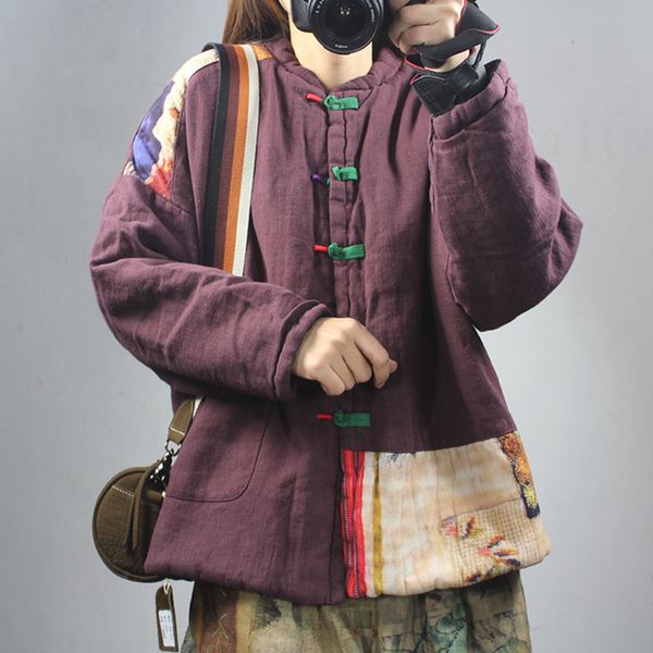 

johnature vintage cotton linen parkas women patchwork coats 2019 winter new o-neck long sleeve pockets warm female parkas coats, Black