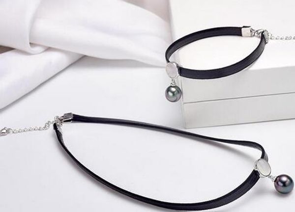 

envÃ­o gratis juegos de 10-11mm tahitian negro perla gargantilla collar y pulsera, Silver