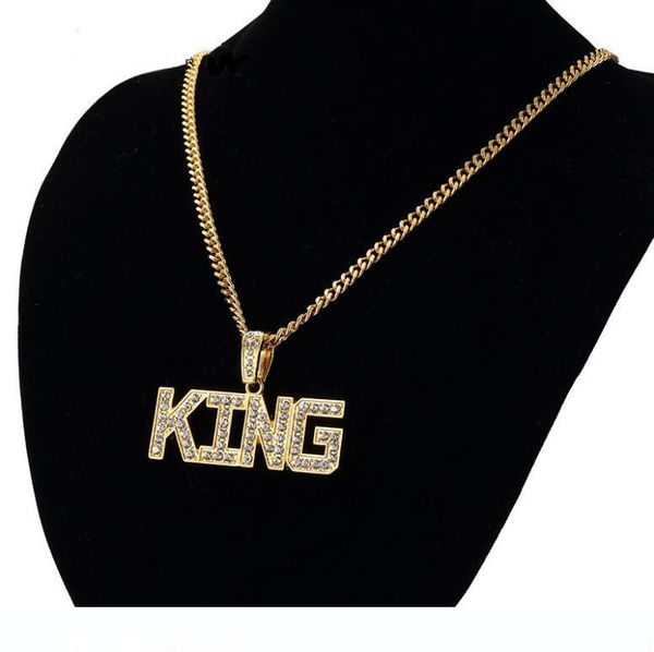 

мужчины хип-хоп полный rhinestone письмо king форма подвески ожерелья bling bling iced out кубинский link цепи ожерелье мужчин ювелирные изд, Silver