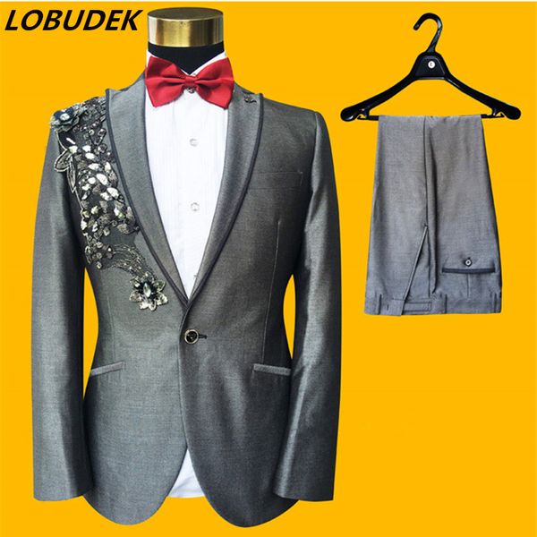 

forma men's gray embroidery sequins blazers suits wedding groom tuxedo suit male singer host chorus performance stage costumes, White;black