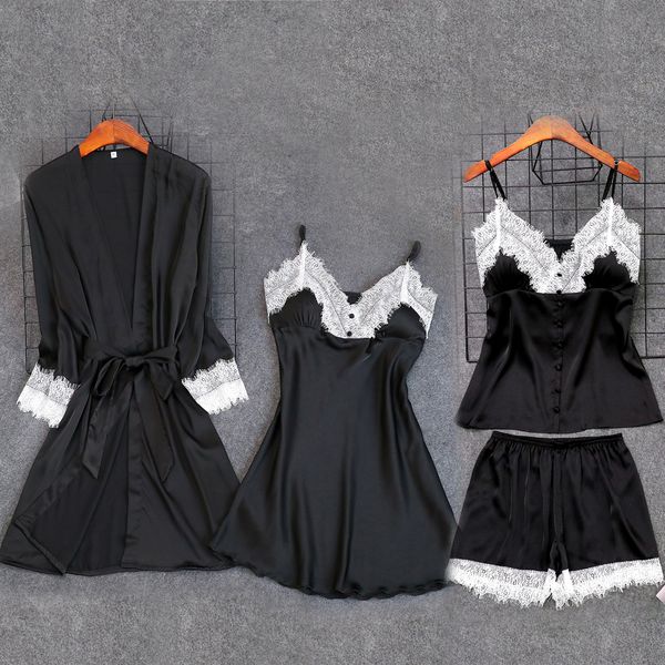 

pink womens 4pc strap pants suit pajamas sleepwear sets spring home wear nightwear kimono robe bath gown bathrobe -xl, Black;red