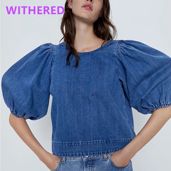 

увядшая англия high street vintage puff sleeve short blouse women blusas mujer de moda 2020 джинсовая рубашка женские топы и блузки, White