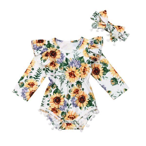 

baby girl bodysuit 2019 малыш новорожденный подсолнечник одежда рябить с длинным рукавом круглый вырез комбинезон повязка одежда наряд, Blue