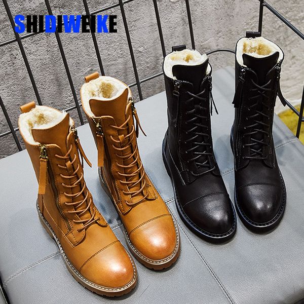 

2019 new lace-up winter motorcycle boots women british style fashion snow boots punk low heel brown boot women shoe plus size, Black