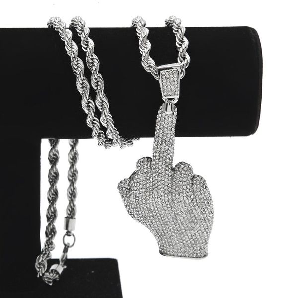 

мода мужская iced out кулон хип-хоп ожерелье прямой средний палец bling ожерелье хип-хоп ювелирные изделия, Silver