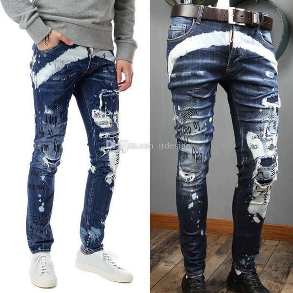

man jeans blue graffiti distressed skater sparkle wash skinny fit worn out effect denim pants man