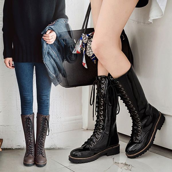 

lace up women's rubber boots shoes chunky heel thigh high heels high winter footwear booties ladies round toe, Black