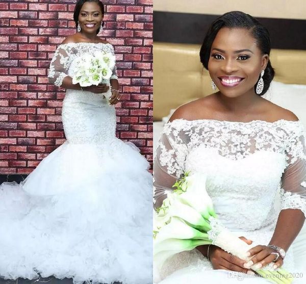 

свадебные платья русалка больших размеров юбки с бисером и кружевными аппликациями с длинными рукавами с скользящим шлейфом свадебные платья, White