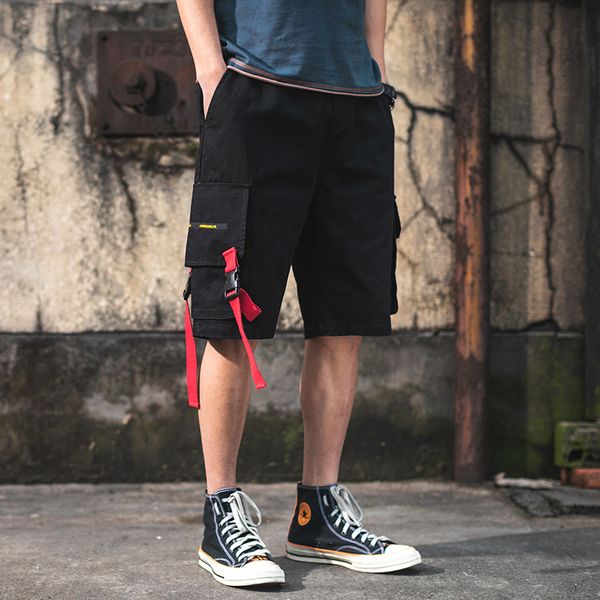 

streetwear summer cargo shorts men cotton casual pockets bermuda male shorts ribbons hip hop beach men's, White;black