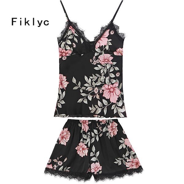 

fiklyc brand floral print women's lace satin pajamas sets with bra padded short pants beautiful casual nighties sleepwear, Black;red