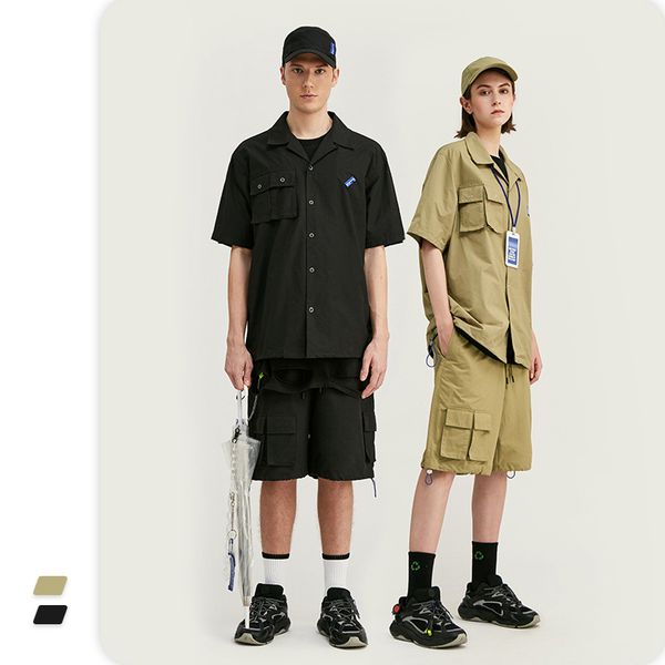 

vimass 2020 весна новая личность трехмерный карманный инструмент стиль свободные мужские рубашки с короткими рукавами короткий набор повседн, Gray