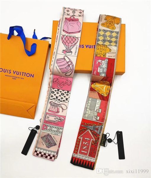 

designer scarf ladies slim narrow bag handle silk scarf double-sided printed twill satin brand small ribbon scarf, Blue;gray