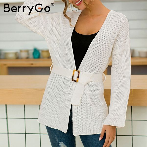 

berrygo sash belt women knitted cardigans casual flare sleeve autumn female cardigan sweater loose v neck ladies white cardigans