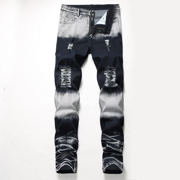 

distrressed blue white holes stretch mens long jeans regular mid waist straight mens pants fashion male apparel
