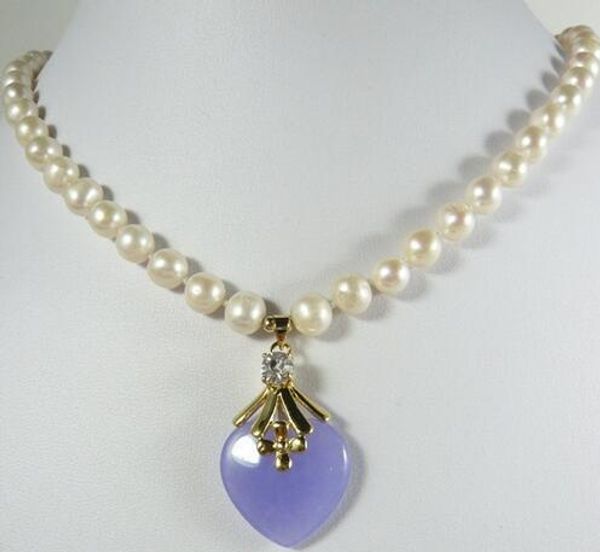 

fashion jewelry beautiful freshwater pearl and purple heart shape jades pendant necklace ing, Silver