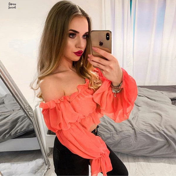 

summer tshirt off shoulde rrench slash neck frill crop women fashion office tee lady party neon solid tshirt, White
