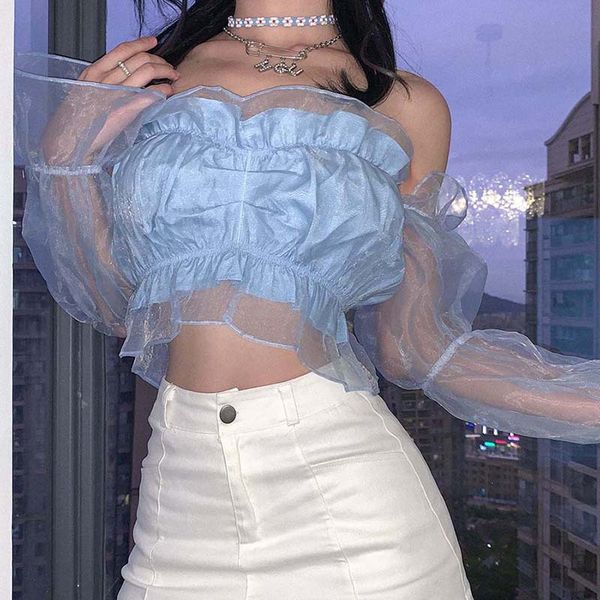 

women's blouses & shirts off shoulder women shirt long sleeve autumn summer mesh sheer blue woman and female ladies camisas mujer, White