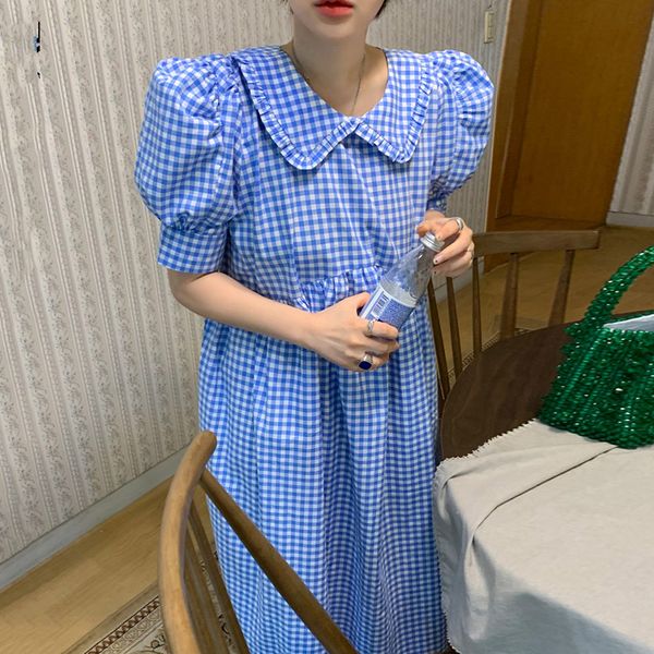 

ewq] 2020 new summer ladies robe women vintage loose high waist slim was thin elegant puff sleeve lattice maxi blue dress, Black;gray