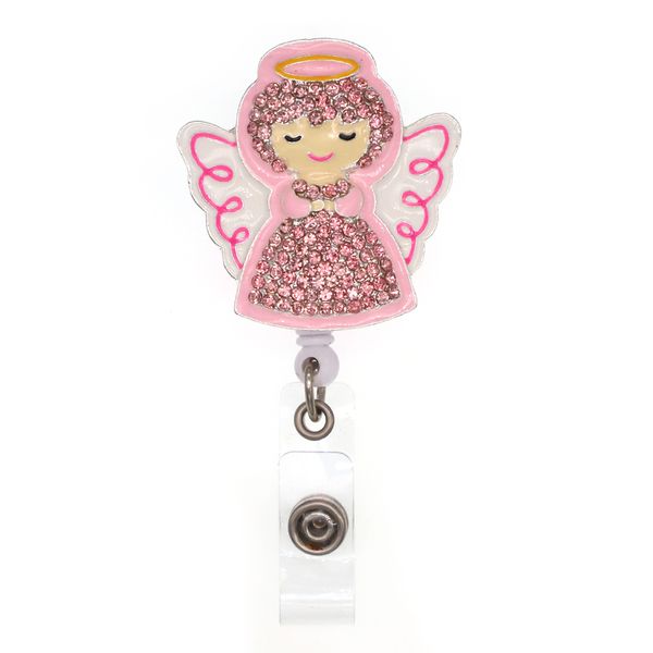 

1pc /5pcs /10pcs cute key rings retractable badge reel pink enamel rhinestone crystal cartoon angel shape badge holder with clip for nurse a, Slivery;golden