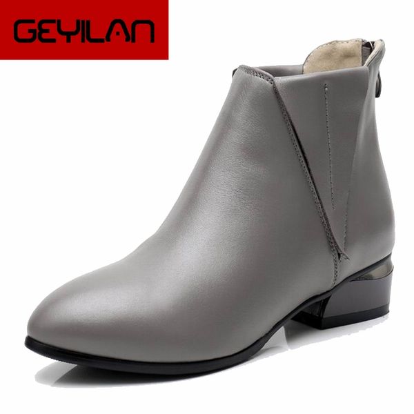

fashion autumn winter genuine leather women ankle boots pointed toe zipper thick high heels boots ladies shoes, Black