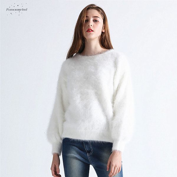 

autumn sweater winter womens warm rabbit knitted pullovers o neck lantern sleeve mink cashmere thick keep angora, White;black