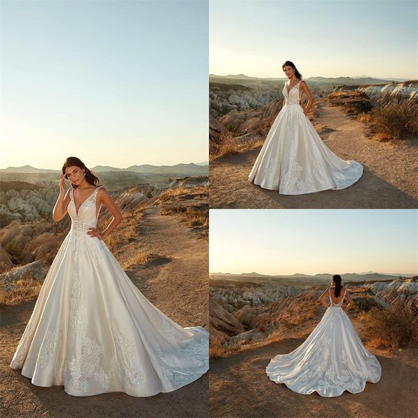 

elegant satin a-line wedding dresses v-neck sleeveless backless appliqued lace bridal gowns ruched sweep train robes de mariÃ©e cheap, White