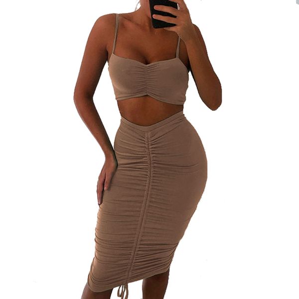 

2 pieces sets 2019 spring women sets two strapless crop pleated bodycon skirt bandage suit clubwear party solid m0447, White