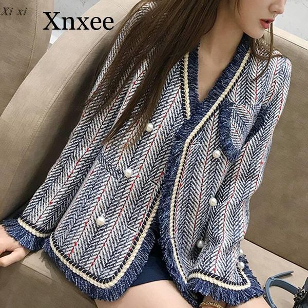 

xnxee blue white striped tweed jacket 2019 winter women long sleeve v neck elegant overcoat bead pearls tassels cardigan coat, Black;brown