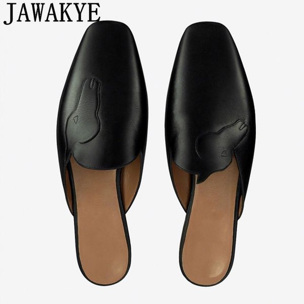 

slippers genuine leather women lazy loafers round toe britain style 2021 spring summer comfortable embroidery flat shoes mueller, Black