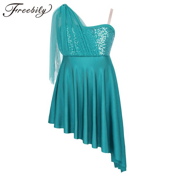 

girls sequins ballet leotard side split irregular hem skating modern ballet dance dress kids lyrical contemporary dance costumes, Black;red