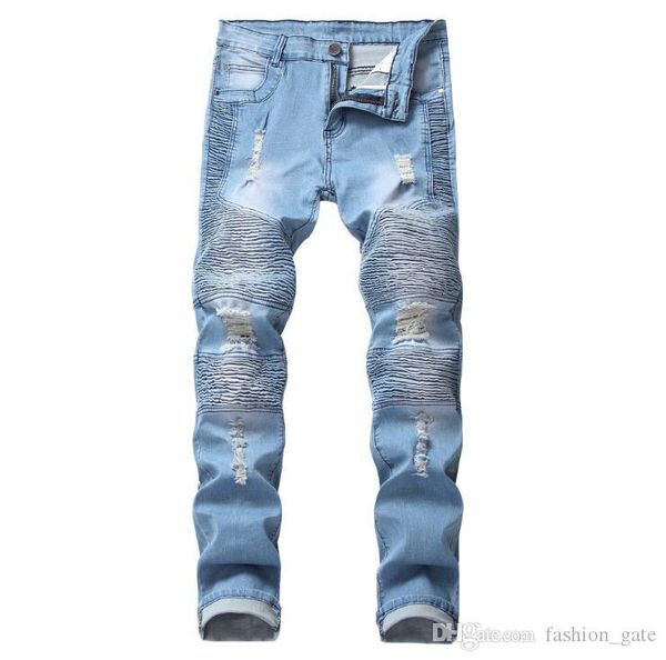 

new men's jeans ripped holes pants korean style elasticity casual trousers cool stretch man denim pants spring, Blue