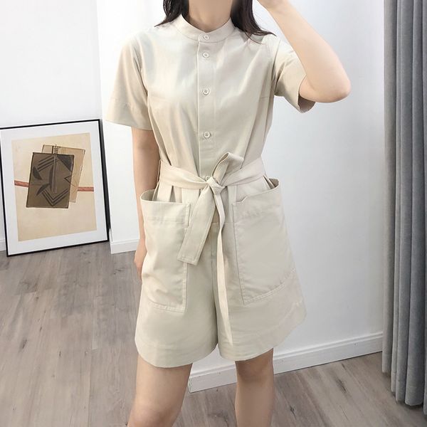 

women rompers 2020 summer o-neck single-breasted short jumpsuit female large double pockets short-sleeved playsuit with sashes, Black;white