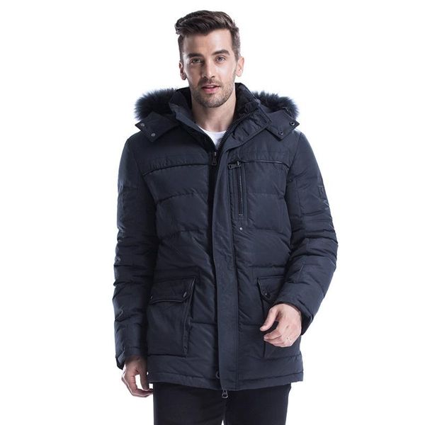 

winter casual solid color down parkas jacket men 90% white duck down coat navy blue hooded fur collar jacket full sleeve, Black