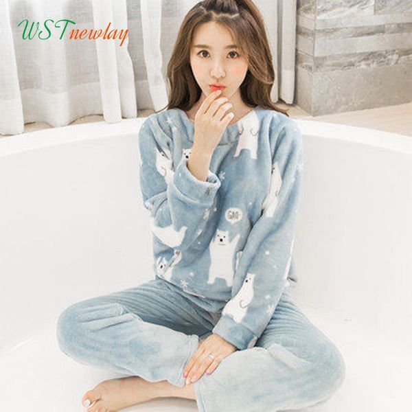 

female pajamas set polyester full trousers lady two piece warm thickness flannel winter women's home clothing, Blue;gray