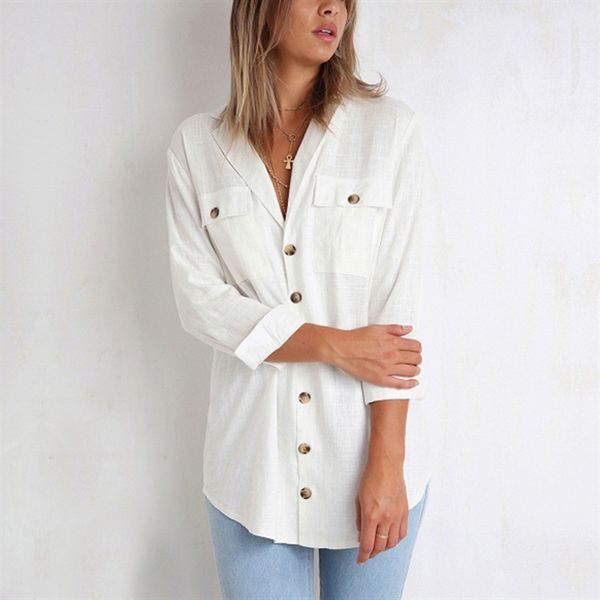 

new fashionable style elegant autumn and winter fashion v-collar button long sleeve blouse shirt 100054, White